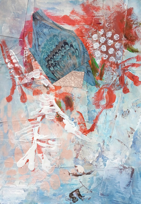 The 'blue frog' artwork in progress by Ruth Burton Artist.