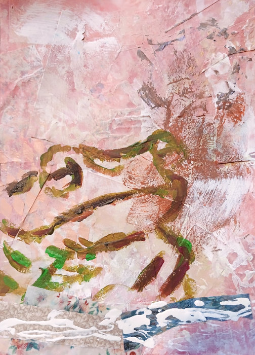 The 'red frog' artwork in progress by Ruth Burton Artist, part of the experiments with mixed media art techniques.