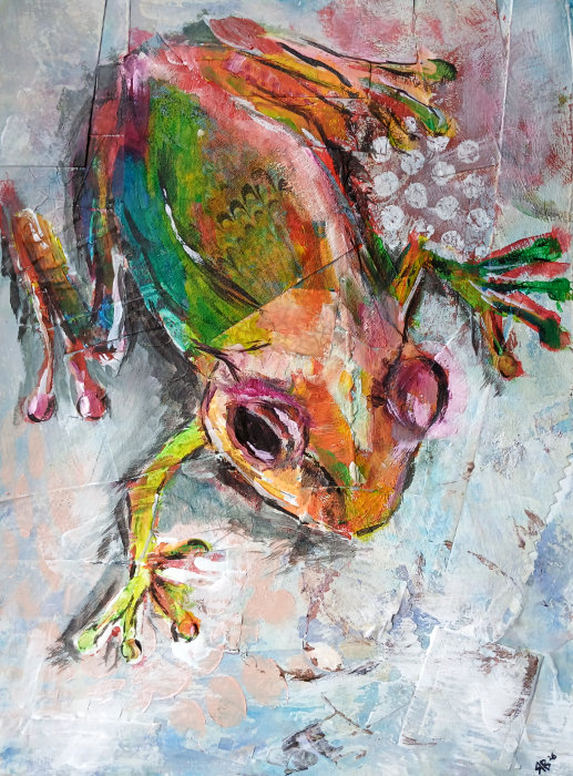 The 'blue' frog, a mixed media frog painting by Ruth Burton artist.