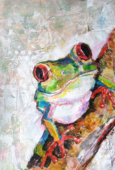 A mixed media painting of a frog (the 'green' frog), artwork by Ruth Burton Artist.