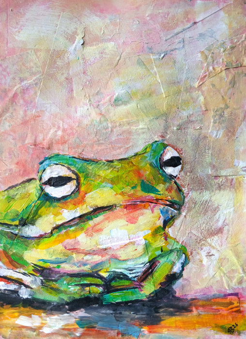 One of the mixed media frog paintings by Ruth Burton artist (the 'red' frog). The frog is sitting down and looks like he is thinking.