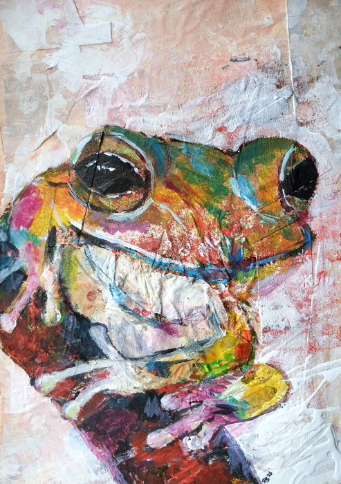 A mixed media artwork by Ruth Burton showing a frog perched on a branch (the 'yellow' frog).