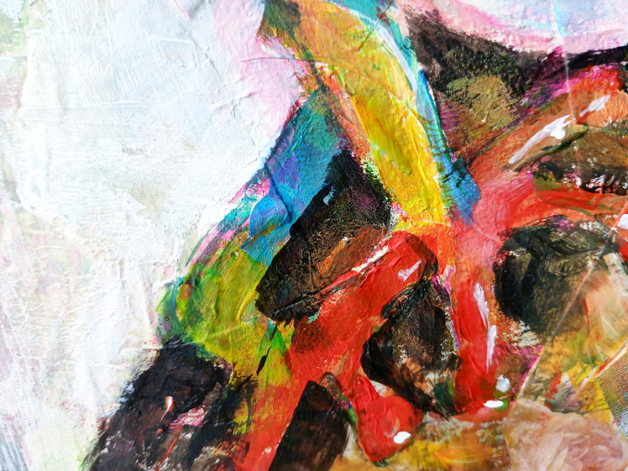 A close up of the 'green' frog's feet, showing brushstrokes and texture from the ephemera.