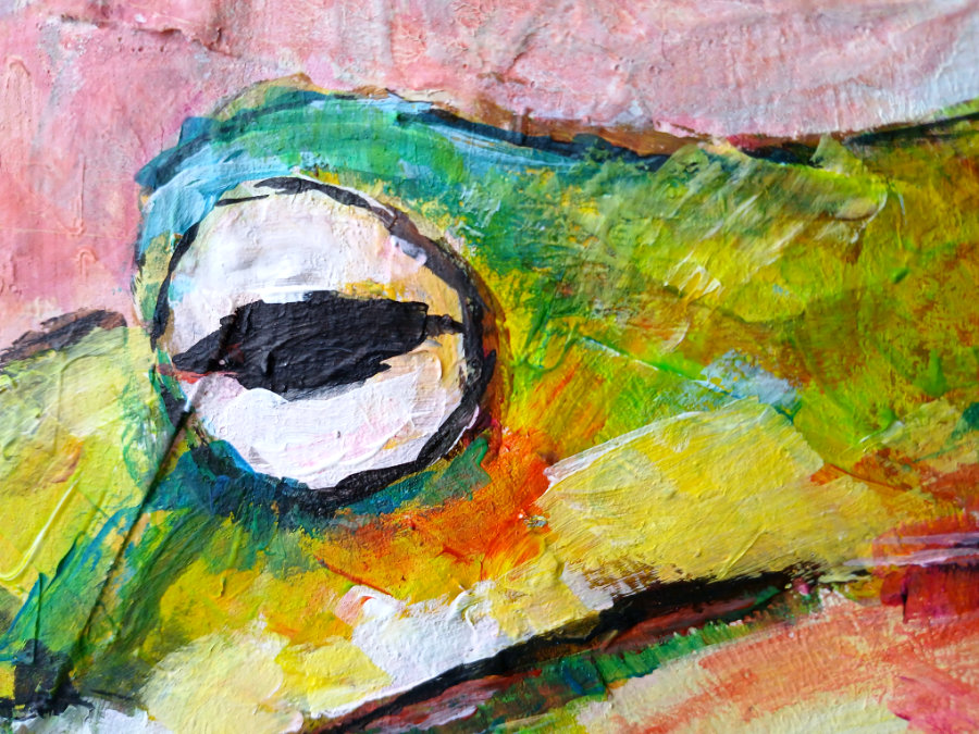 A close up of the 'red' frog's eye, showing the vibrant acrylic paint colours used.