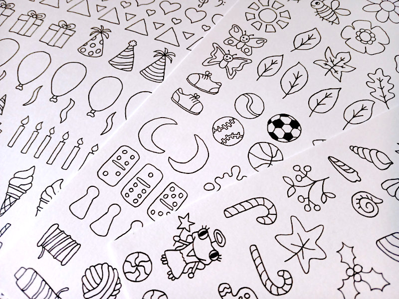 A close up of the additional elements outlined in pen for the Frog's Bucket List merchandise by Ruth Burton.