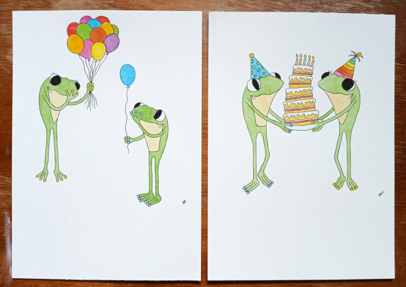 Two watercolour illustrations in the Frog's Bucket List series by Ruth Burton Artist. The designs are for a range of birthday cards. One design shows Frog and Frog with lots of balloons, the other shows Frog and Frog carrying a birthday cake.