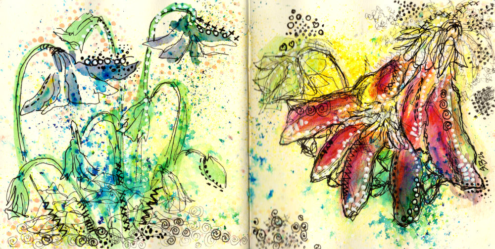 Aquilegia spring garden art by Ruth Burton Artist. There are blue flowers on the left, and pink on the right. The artwork has been created in mixed media.