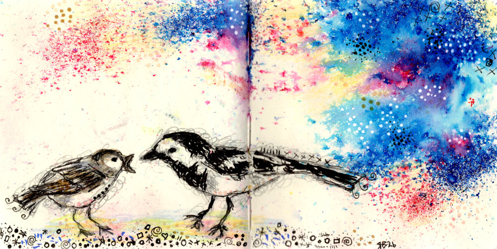 A picture of a wagtail feeding a baby wagtail by Ruth Burton Artist. The image has a blue Brusho background and has small pen doodles.