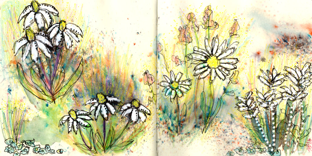 Mixed media spring garden art created by Ruth Burton showing white daisies against a background of multi-coloured grasses.