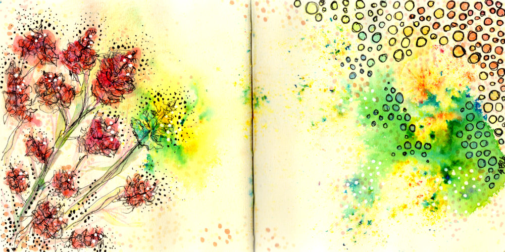 A mixed media painting of some valerian by Ruth Burton. The top right corner is more abstract, with doodle-style circles in rainbow colours.
