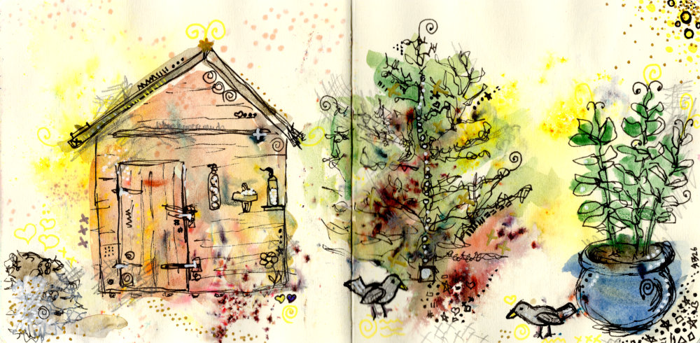 An artwork by Ruth Burton Artist showing a shed, a tree and a plant with some blackbirds in the foreground. The artwork is in a loose urban sketch style and has been created with mixed media.