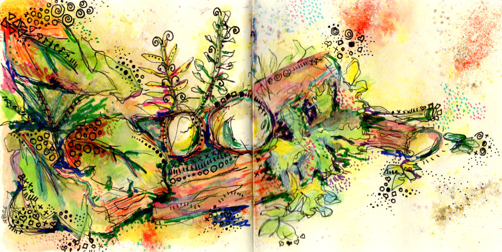 An artwork created with watercolour paint pens and other media by Ruth Burton Artist for her spring garden art blog. The painting is of a pile of logs surrounded by wild flowers and plants.