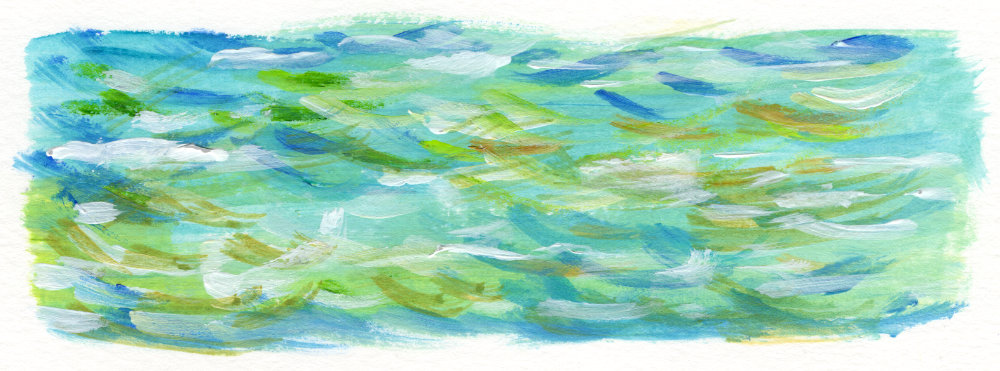Testing different acrylic paint techniques for painting an impressionist sea by Ruth Burton Artist. This test uses a turquoise background with curly, scribbly brushstrokes over the top.