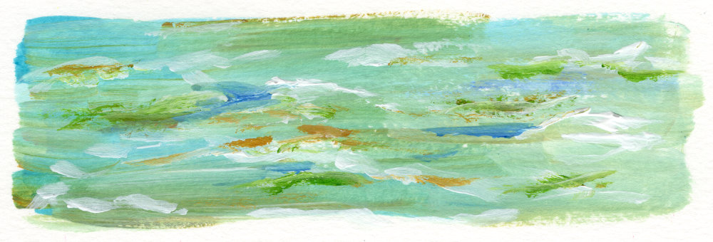 Testing different acrylic paint techniques for painting an impressionist sea by Ruth Burton Artist. This test uses a more subtle turquoise background with more varied brushstrokes and colours for the waves.