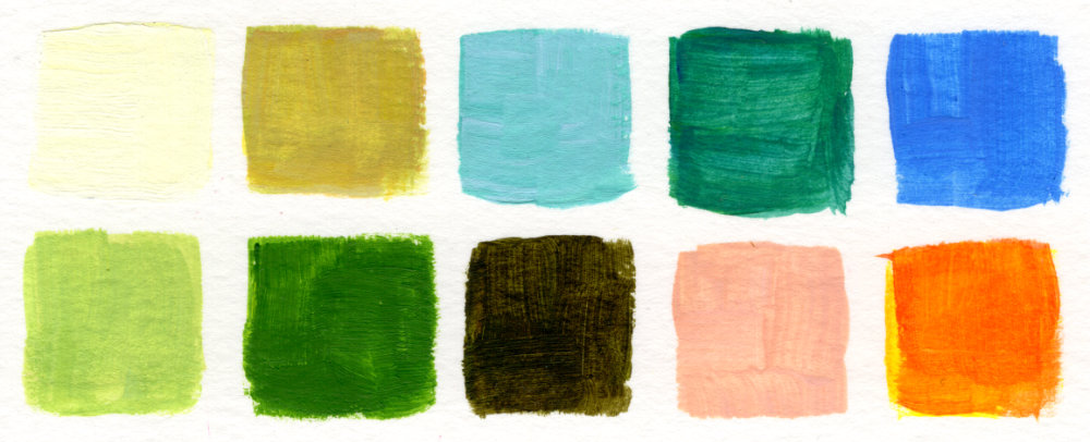 An acrylic paint palette of colours used in Claude Monet's 'Cliff Walk at Pourville' by Ruth Burton artist.