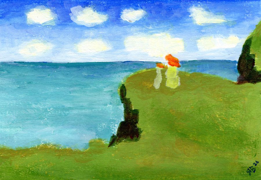 An art study by Ruth Burton Artist done in acrylic paints. The study simplifies the shapes of Monet's impressionist seascape 'Cliff Walk at Pourville'.