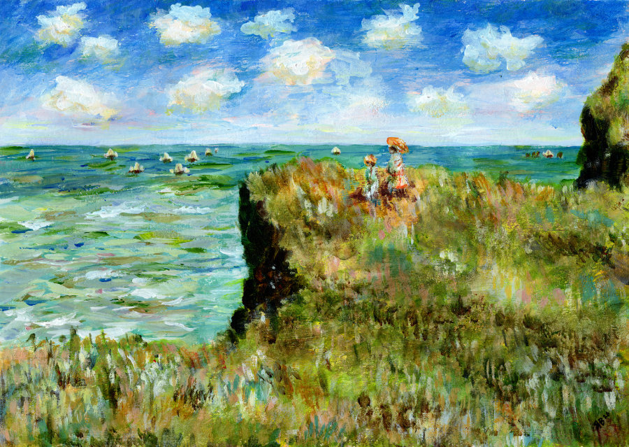 Cliff Walk at Pourville by Ruth Burton after Claude Monet. An acrylic painting on A4 mixed media paper.