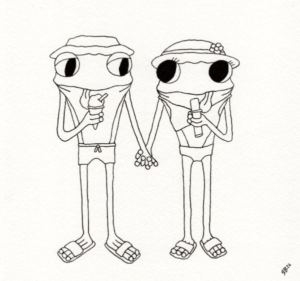 A pen drawing of the reworked illustration - after the pencil sketch has been erased. Part of the Frog's Bucket List series by Ruth Burton.