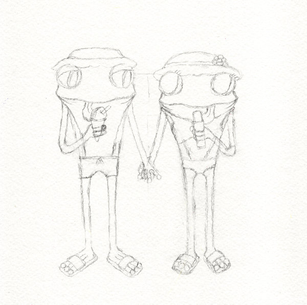 A sketch of Frog and Frog eating ice cream at the beach by Ruth Burton Artist.