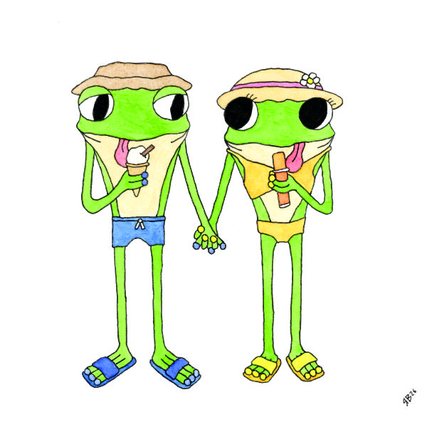 Watercolour painting of Frog and Frog eating ice cream in their beach attire. Part of the "Frog's Bucket List" series by Ruth Burton artist, the painting is called "Ice Cream (Rework)".