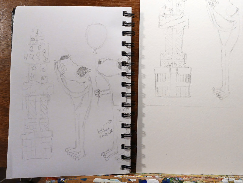 A sketchbook page showing the Frog's Bucket List picture of 'Finding the Birthday Gifts' in draft form by Ruth Burton Artist. The illustration is for a frog birthday card.
