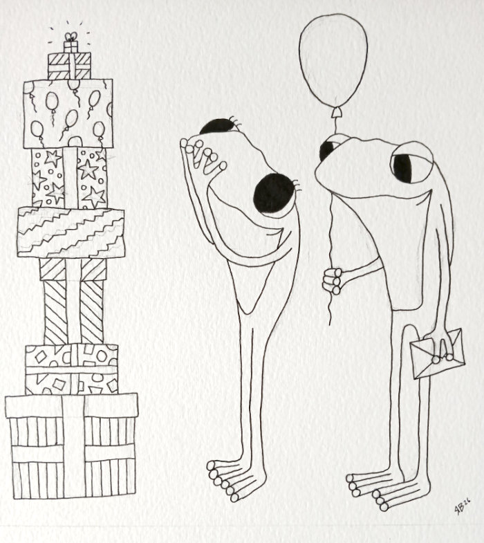 The pen drawing over the top of the pencil lines used for the frog birthday card design 'Finding the Birthday Gifts' by Ruth Burton (part of Frog's Bucket List greetings card range).