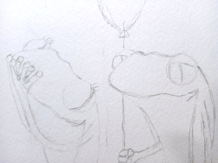 A close up of the pencil drawing used for the frog birthday card design 'Finding the Birthday Gifts'.
