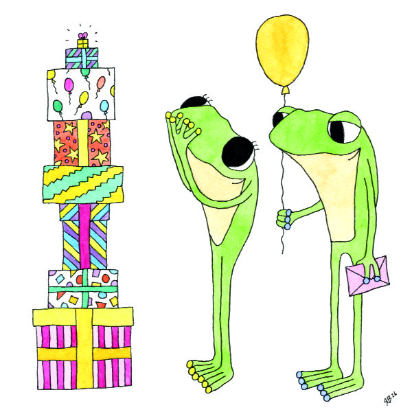 Watercolour painting of Frog finding a tall pile of birthday present, with Frog who has brought a birthday balloon and birthday card by Ruth Burton artist. Part of the "Frog's Bucket List" series, the painting is called "Find the Birthday Gifts".