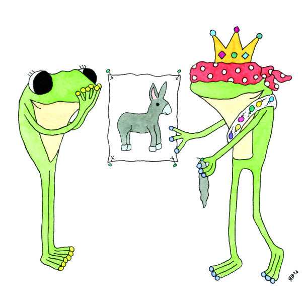Watercolour painting of Frog and Frog playing pin the tail on the donkey by Ruth Burton artist. Part of the "Frog's Bucket List" series, the painting is called "Play Pin the Tail on the Donkey".