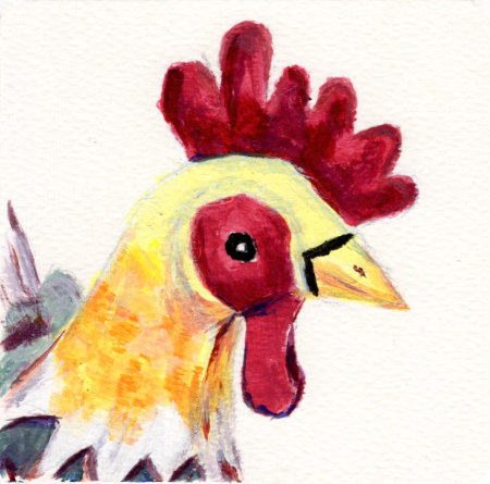 An acrylic painting of Clucky the chicken by Ruth Burton Artist.