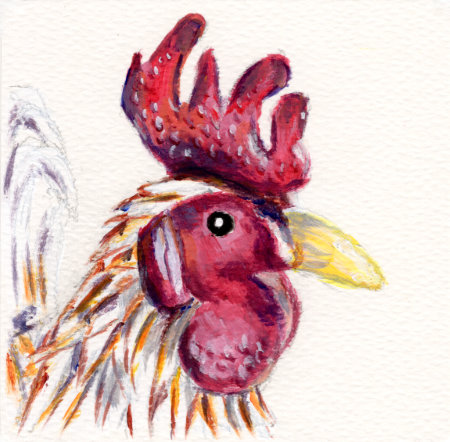 An acrylic painting of Doodle the cockerel by Ruth Burton Artist.